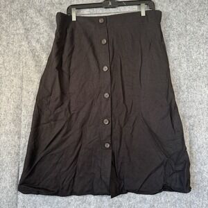 Vintage Linen Midi Skirt Womens Size XL Petite Black Button Front‎ Minimalist